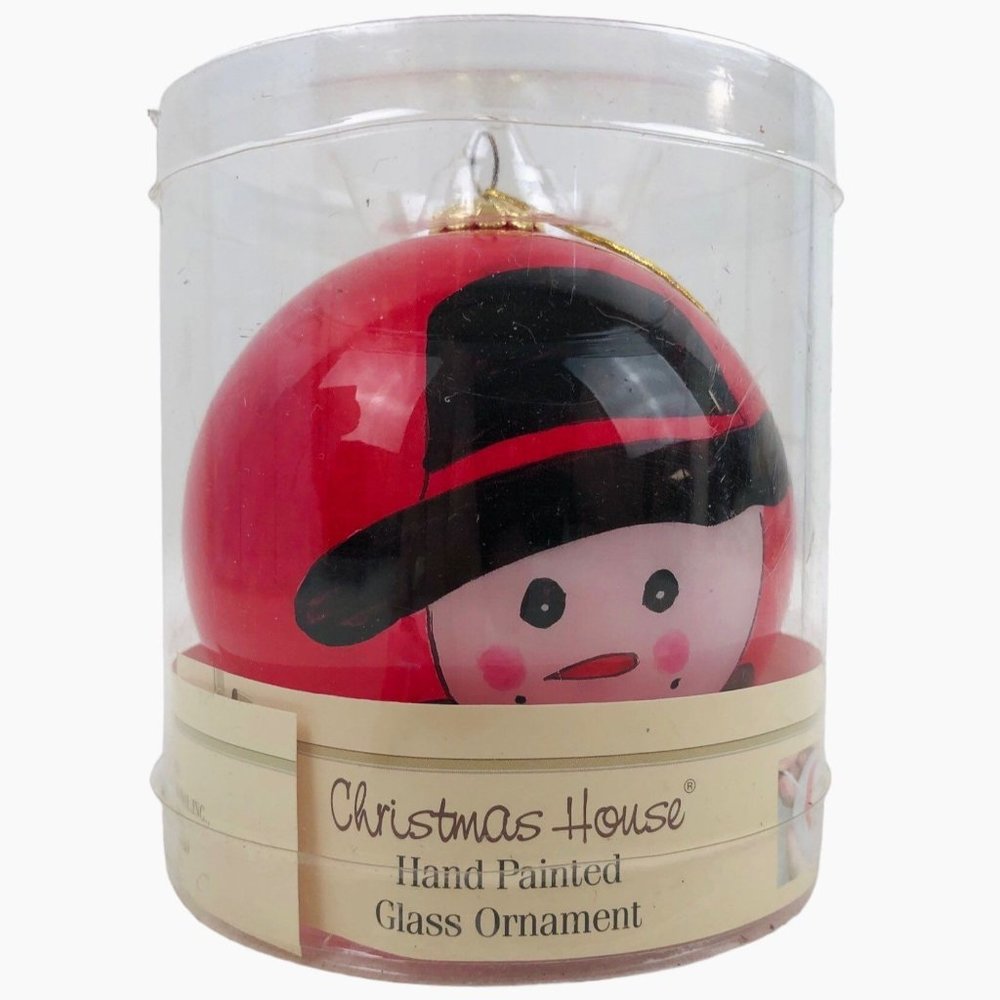 Christmas House Glass Ornament Hand Painted Snowman Red Christmas Holiday Decor